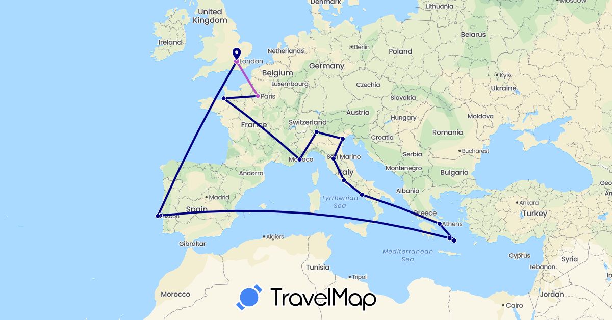TravelMap itinerary: driving, train in France, United Kingdom, Greece, Italy, Portugal (Europe)